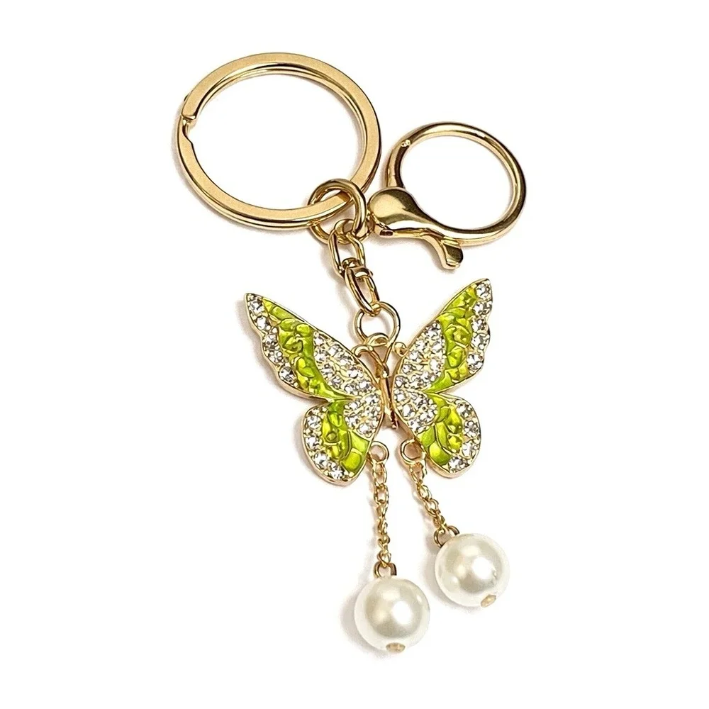 Green Butterfly Gold Tone Keychain Purse Charm Rhinestone & Metal Clip 3.75